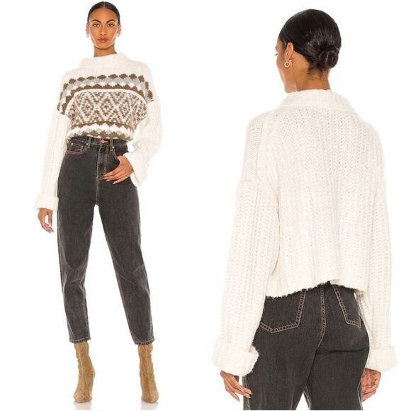 Free People Alpine Snowy Forest Cream Green Wool Blend Pullover Knit Sweater - Picture 2 of 14